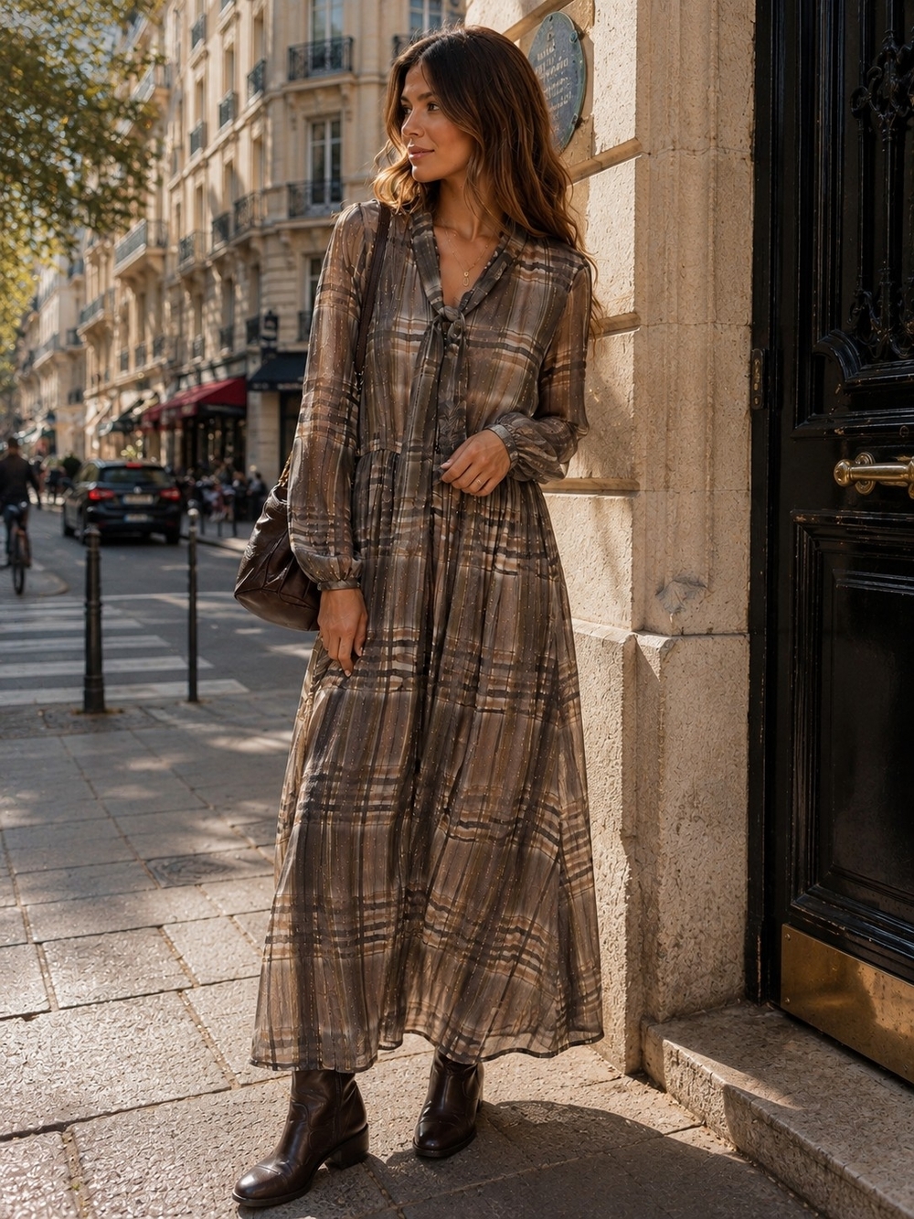 Zara Women’s S Sheer Plaid Maxi Dress Brown Tie Neck Long Sleeve Metallic